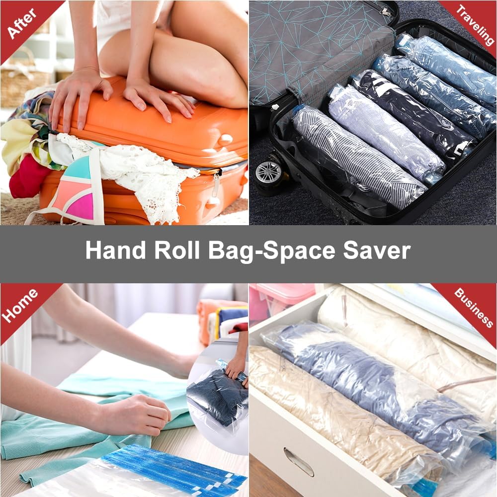 Compression Bags - Travel Essentials 12 Pack Space Saver No Vacuum or Pump Needed Storage Accessorie and Home Packing Organizers (transparent)