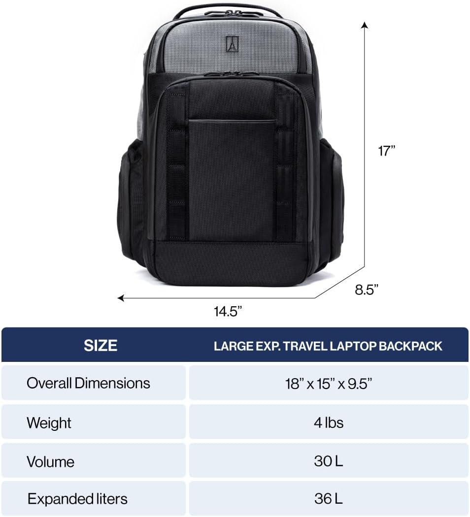 Travelpro Altitude Large Expandable Travel Laptop Backpack 30-36L, 16 Inch Laptop, Water Resistant, Work, Business, Men and Women, Stellar Navy/Grey