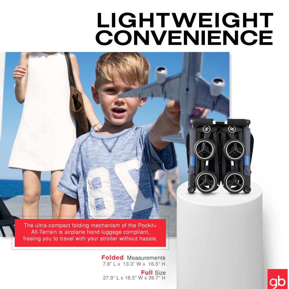 gb Pockit+ All-Terrain, Ultra Compact Lightweight Travel Stroller with Canopy and Reclining Seat in Night Blue, 10.6 pounds