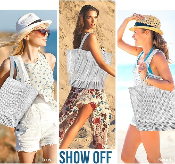 Beach Bags for Women, Foldable Mesh Tote Bag with Mini Pocke, Womens Shoulder Handbag for Travel Beach, White, Large, White