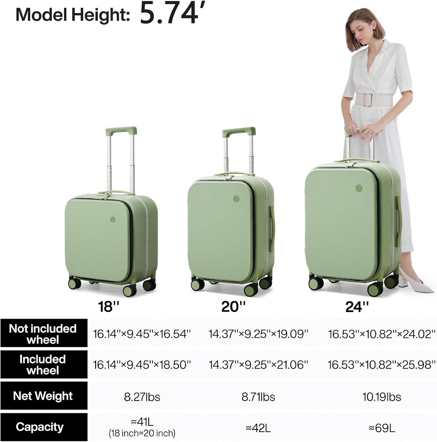 mixi Luggage Suitcase with Spinner Wheels, 24'' Checked Travel Luggage Aluminum Frame PC Hardside with TSA Lock & Cover - Avocado Green