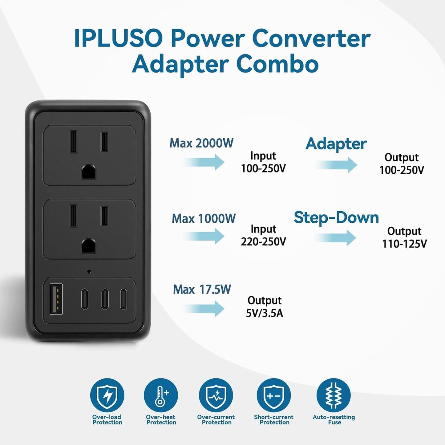 Upgraded 2000W 220V to 110V Voltage Converter US to Europe, Power Converter European Travel Converter for Hair Dryer, Power Converter Adapter Combo with 3 Type C 1 USB A for 160 Countries (1U3C)