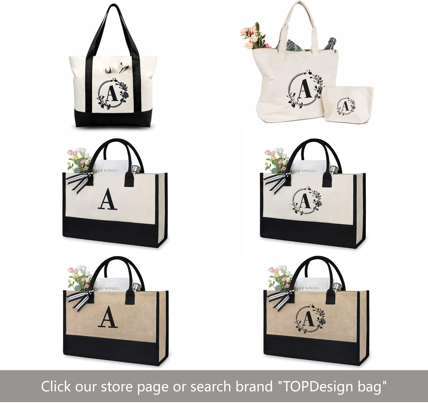 TOPDesign Initial Jute/Canvas Tote Bag, Personalized Present Bag, Suitable for Wedding, Birthday, Beach, Holiday, is a Great Gift for Women, Mom, Teachers, Friends, Bridesmaids (Letter C)