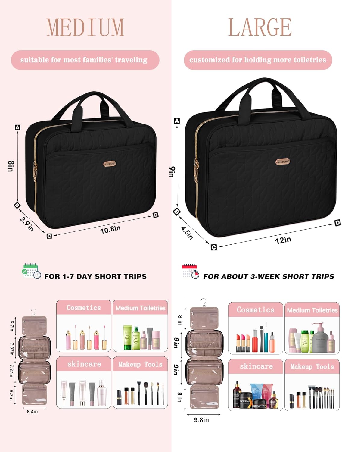 Black Toiletry Bag, Makeup Organizer, Travel Bag For Women Mens Toiletries, Waterproof with Hanging Hook, Large Capacity