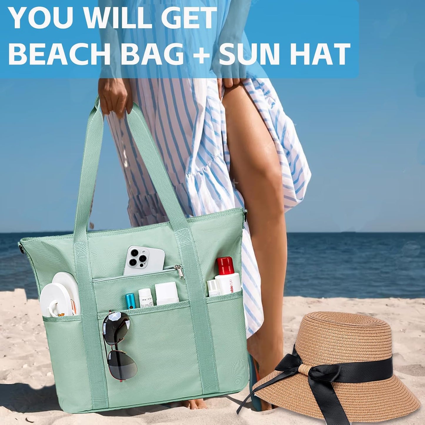 LEDAOU Beach Bags for Women, Beach Bags Waterproof Sandproof, Packable Beach Tote Bag with Zipper Travel Sports