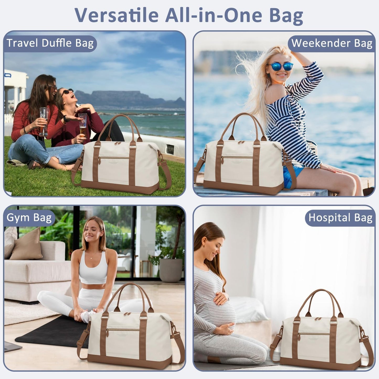 Travel Duffle Bag for Women, Weekender Bags, Hospital Bag for Labor Delivery, Lightweight Tote Duffel Overnight Bag with Luggage Sleeve, Airplane Travel Bags with Toiletry Bag,X-Large,Beige