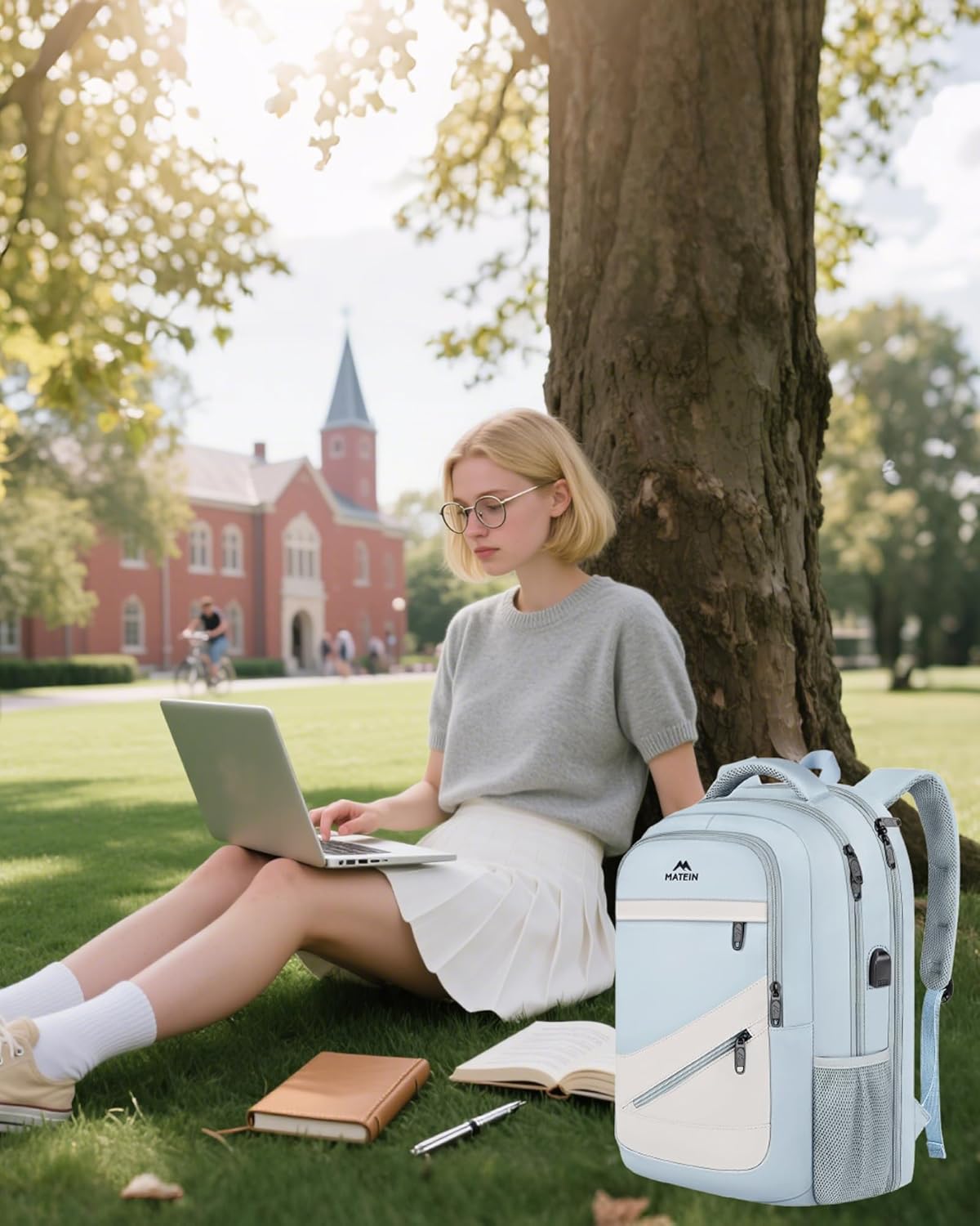 MATEIN Large College Laptop Backpack, Water Resistant Nurse Travel Backpack with USB Charging Port TSA Approved, Soft Anti Theft Comupter Bag for Work, Blue Beige