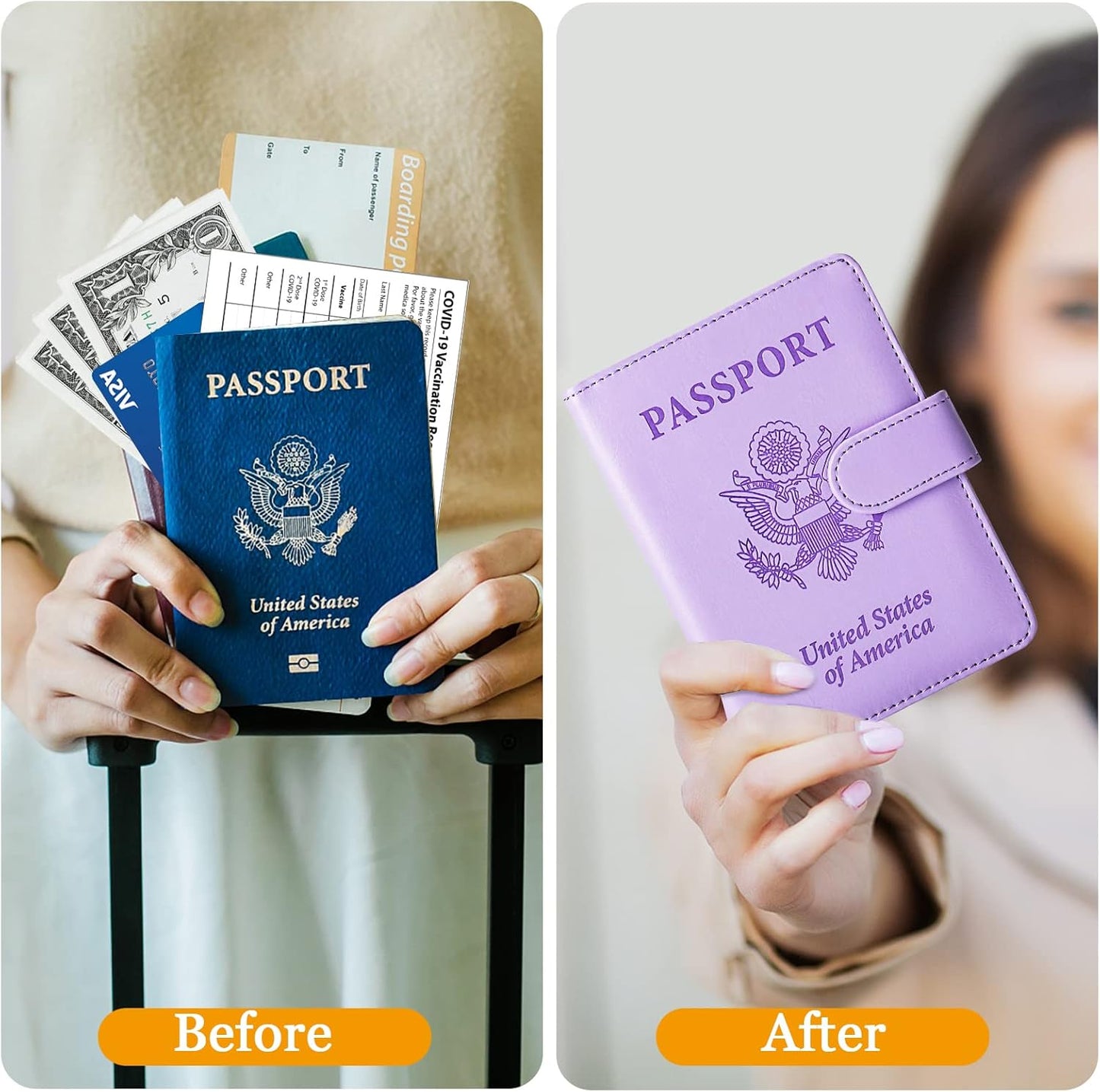 TIGARI Passport Holder for Travel Women Men, PU Leather Waterproof RFID Passport Holder Wallet Cover Case Sleeve, Family Vacation Plane Cruise Travel Document Organizer Essentials-Purple