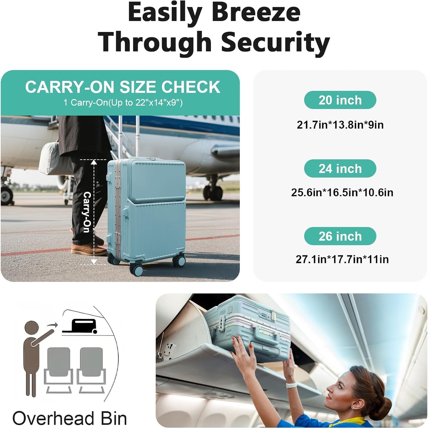 Hard Shell Luggage 20 Inch Travel Luggage, Carry-On Luggage Spinner TSA with Lid, PC+ABS Aluminum Frame,Lightweight Travel Luggage 20'' 24'' 26''Carry-On (upgraded blue, 24 inch)