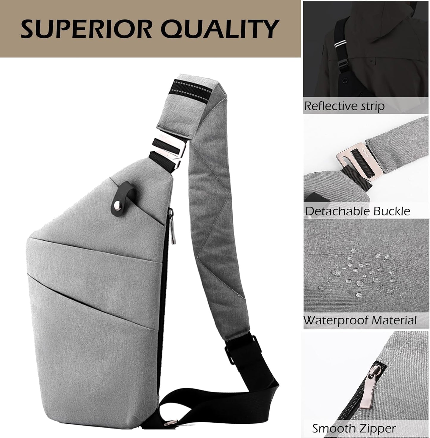 Anti Theft Crossbody Bags for Women Men, Multi-Pocket Shoulder Bag, Slim Sling Purse with 2 RFID Blocking Card (Right Shoulder-Khaki)