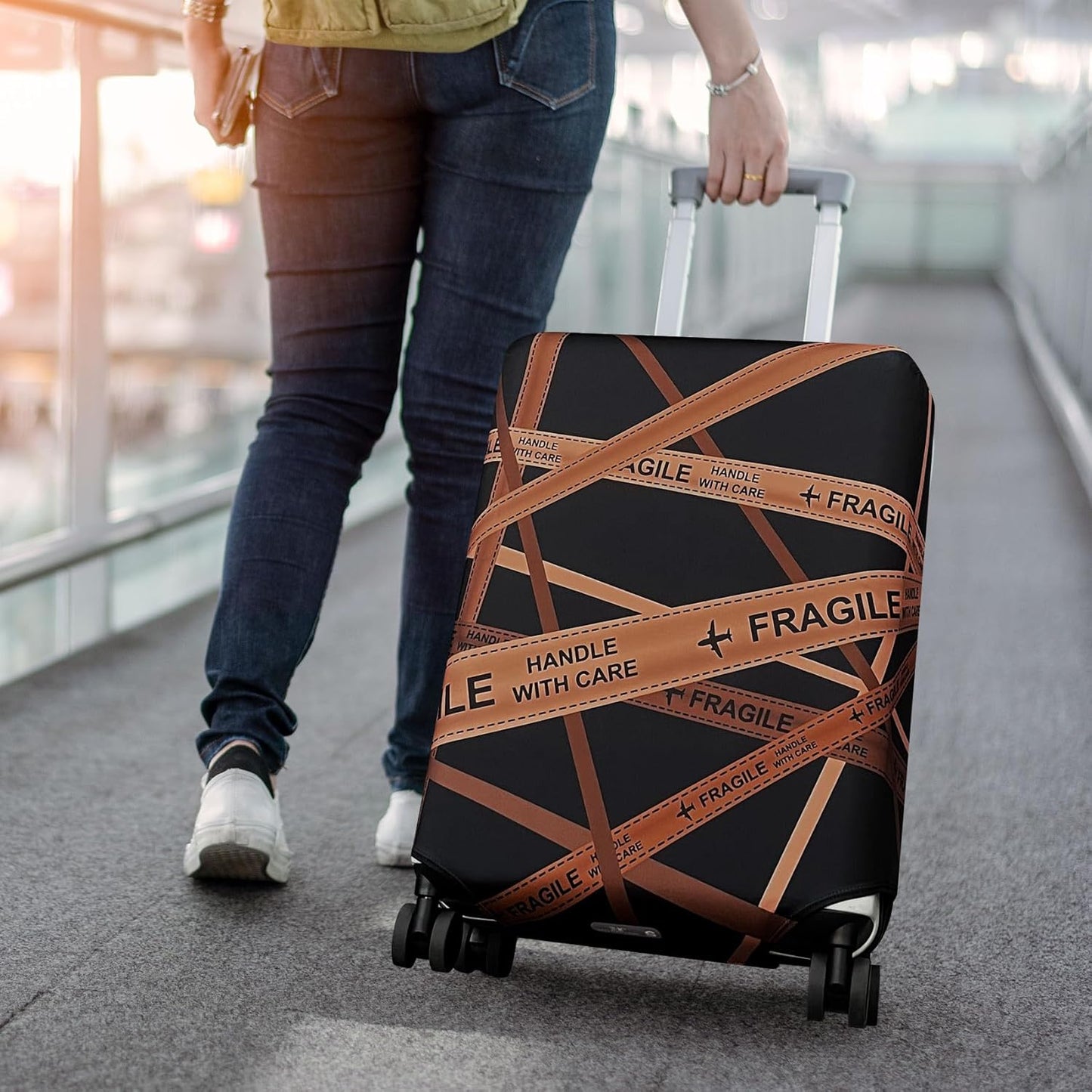 Explore Land Travel Luggage Cover Suitcase Protector Fits 18-22 Inch Case (Gold Fragile, S)