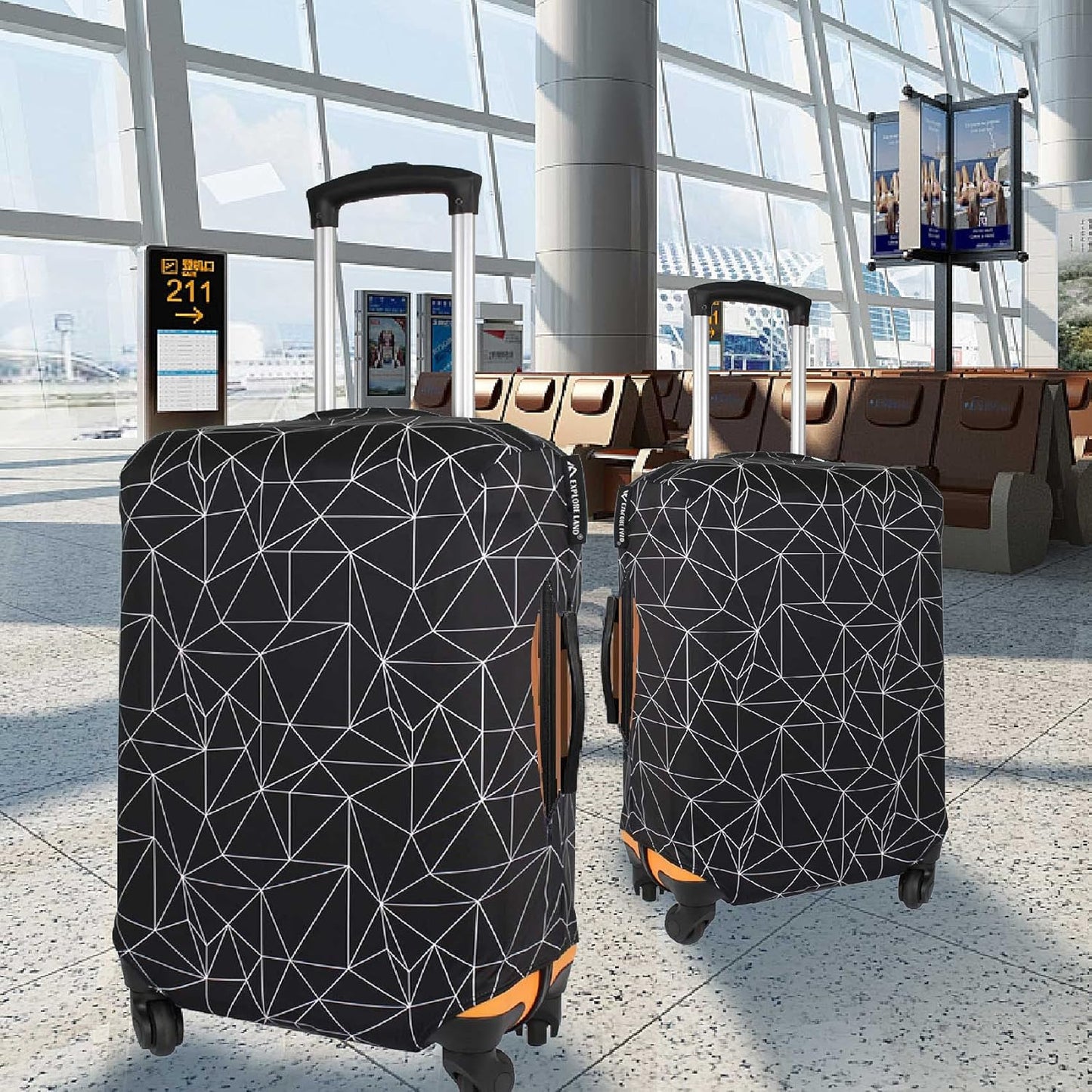 Explore Land Travel Luggage Cover Suitcase Protector Fits 27-30 Inch Case (Black Polygonal, L)