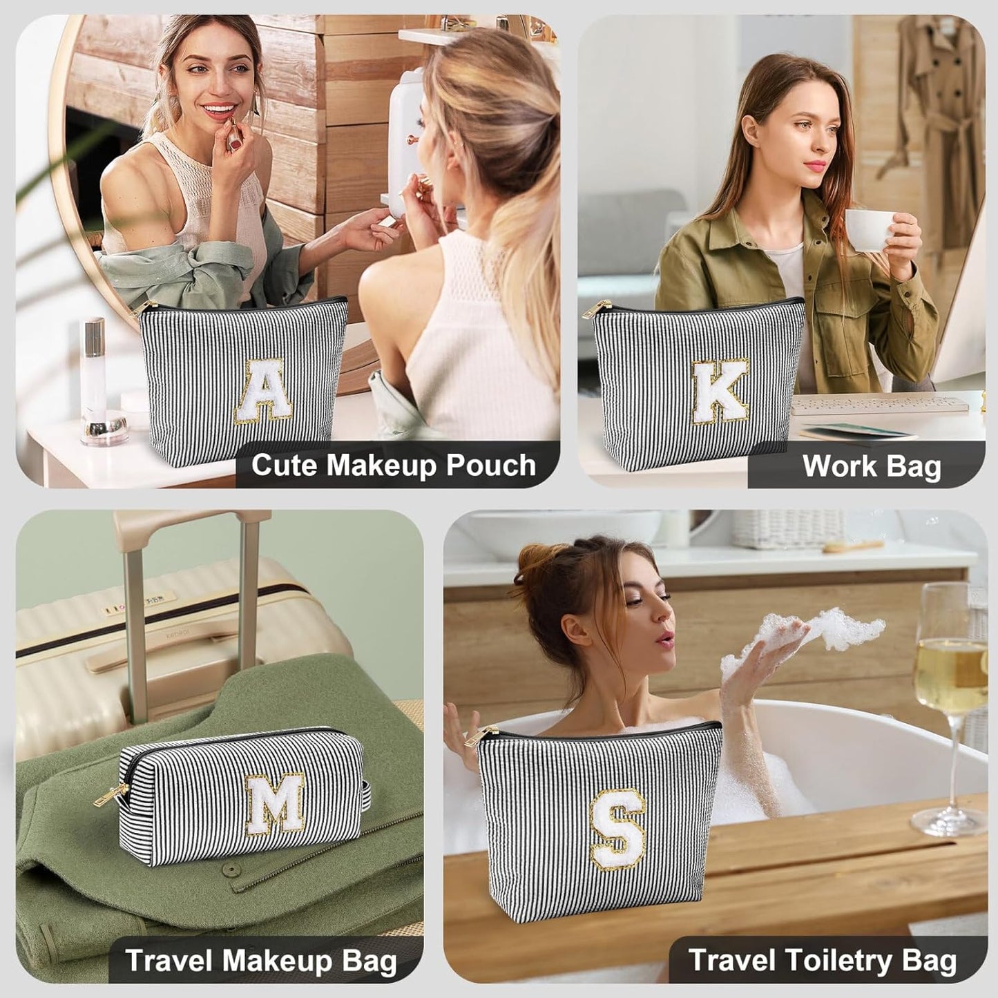 YOOLIFE Travel Makeup Bag Cosmetic Bag - Make Up Bag with Makeup Brush Bag Monogram Makeup Pouch Bag 2 Pieces Cute Makeup Bag Personalized Gifts Best Friend Birthday Gifts for Women Black Letter Y