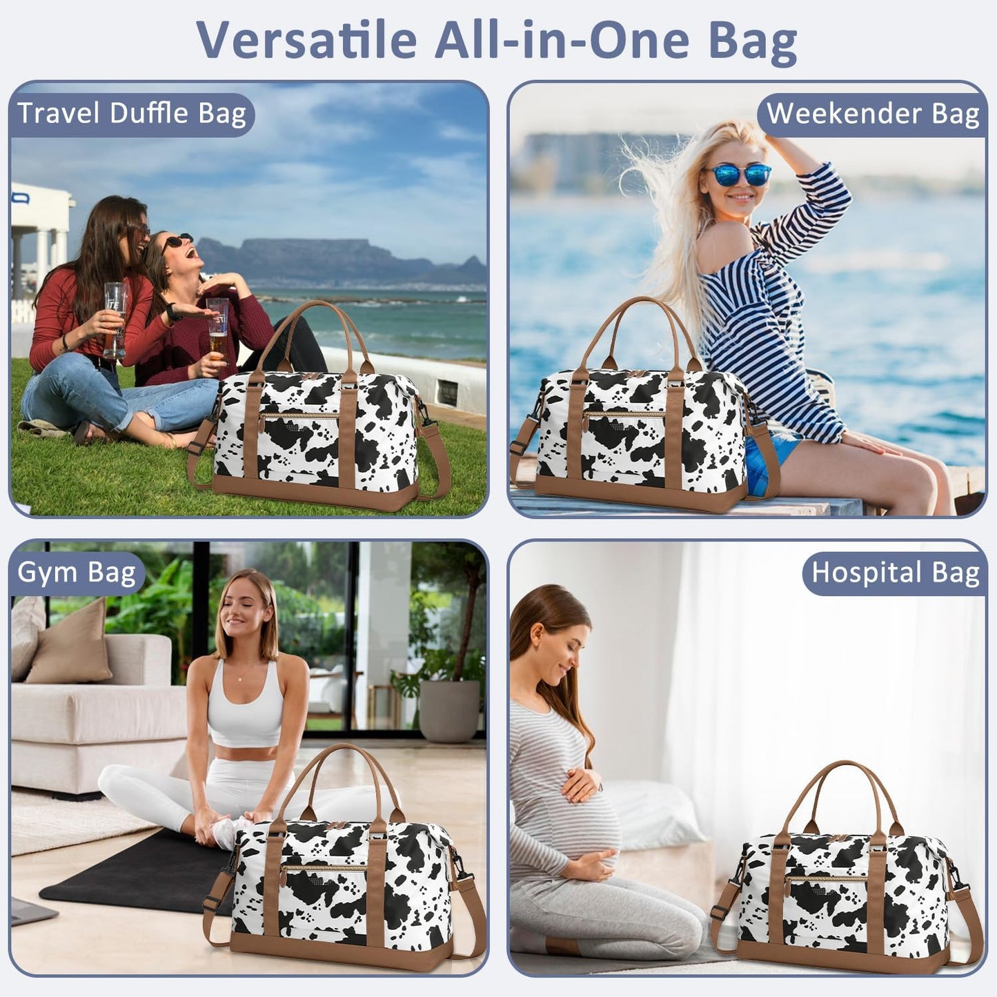 Travel Duffle Bag for Women, Weekender Bags, Hospital Bag for Labor Delivery, Lightweight Tote Duffel Overnight Bag with Luggage Sleeve, Airplane Travel Bags with Toiletry Bag, Large, Cow