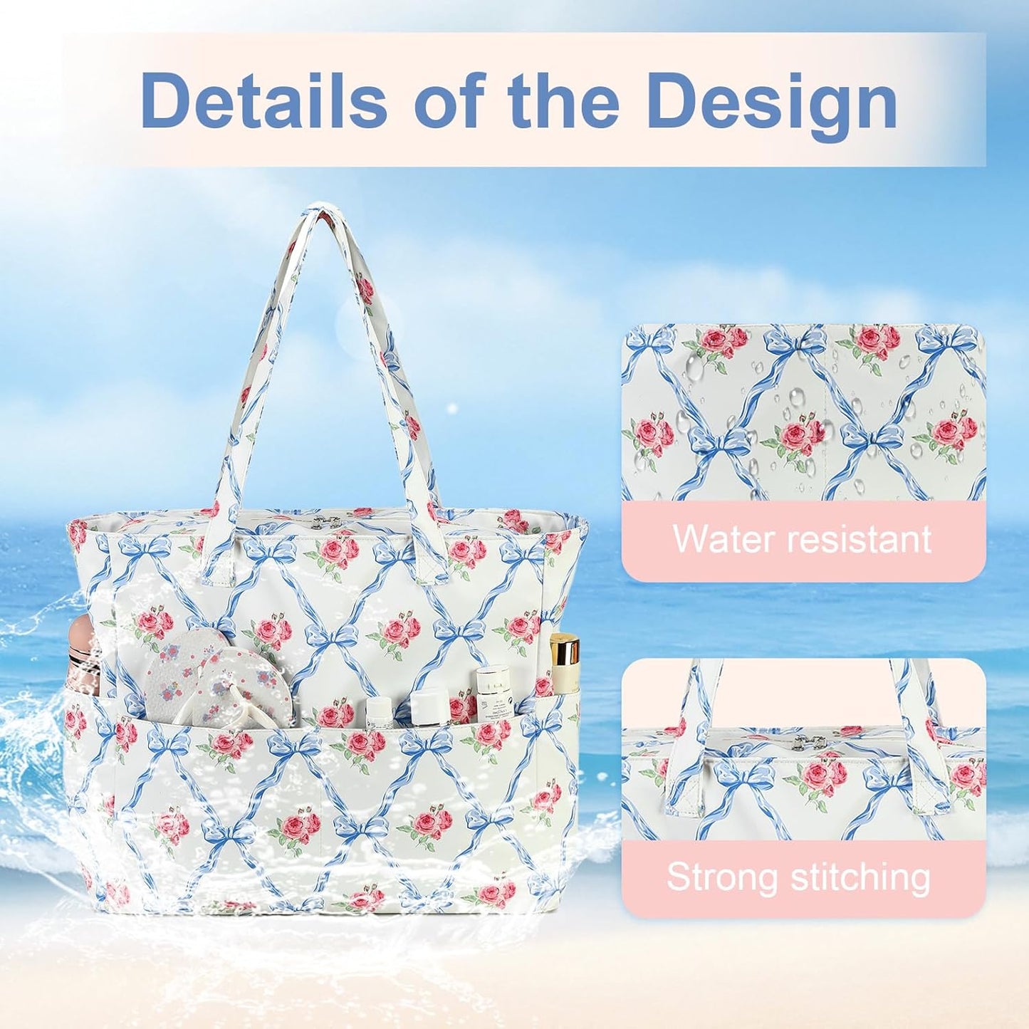 LEDAOU Beach Bag Waterproof Sandproof Women Tote Bag Pool Bag with Zipper for Gym Grocery Travel with Wet Pocket