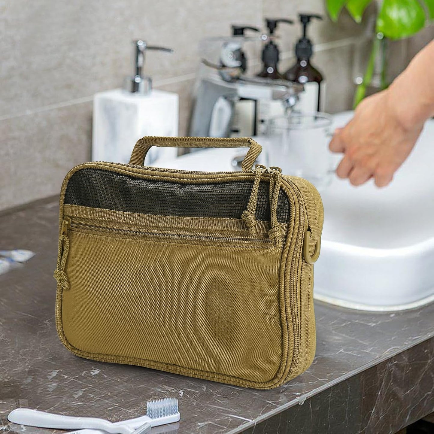 Toiletry Bag for Men Travel, Men's Hanging Toiletry Bag, Portable Dopp Kit Organizer with Hook - Shaving Bag, Tactical Travel Essentials Khaki(No molle)