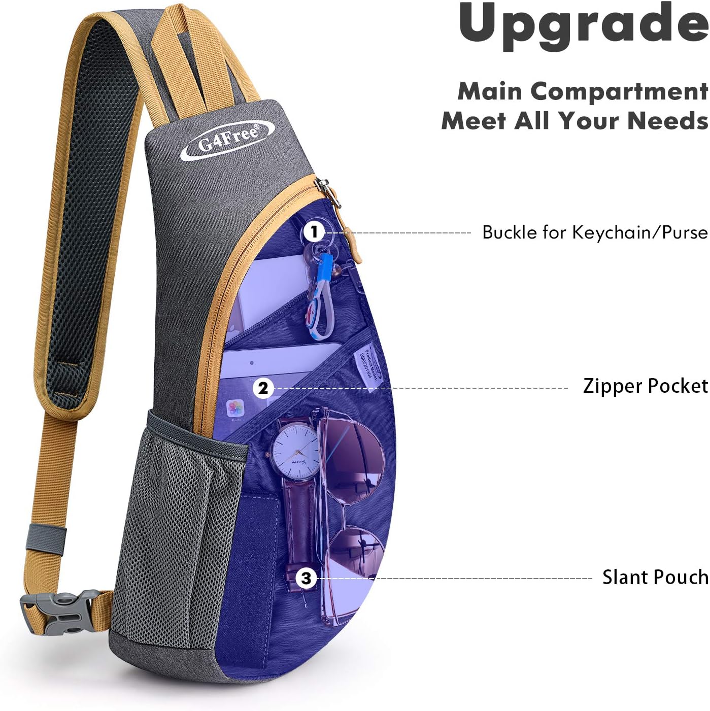 G4Free Sling Bag for Men Women, Small Crossbody Backpack Lightweight Chest Shoulder Bags for Travel, Outdoor and Sports (Grey Yellow)