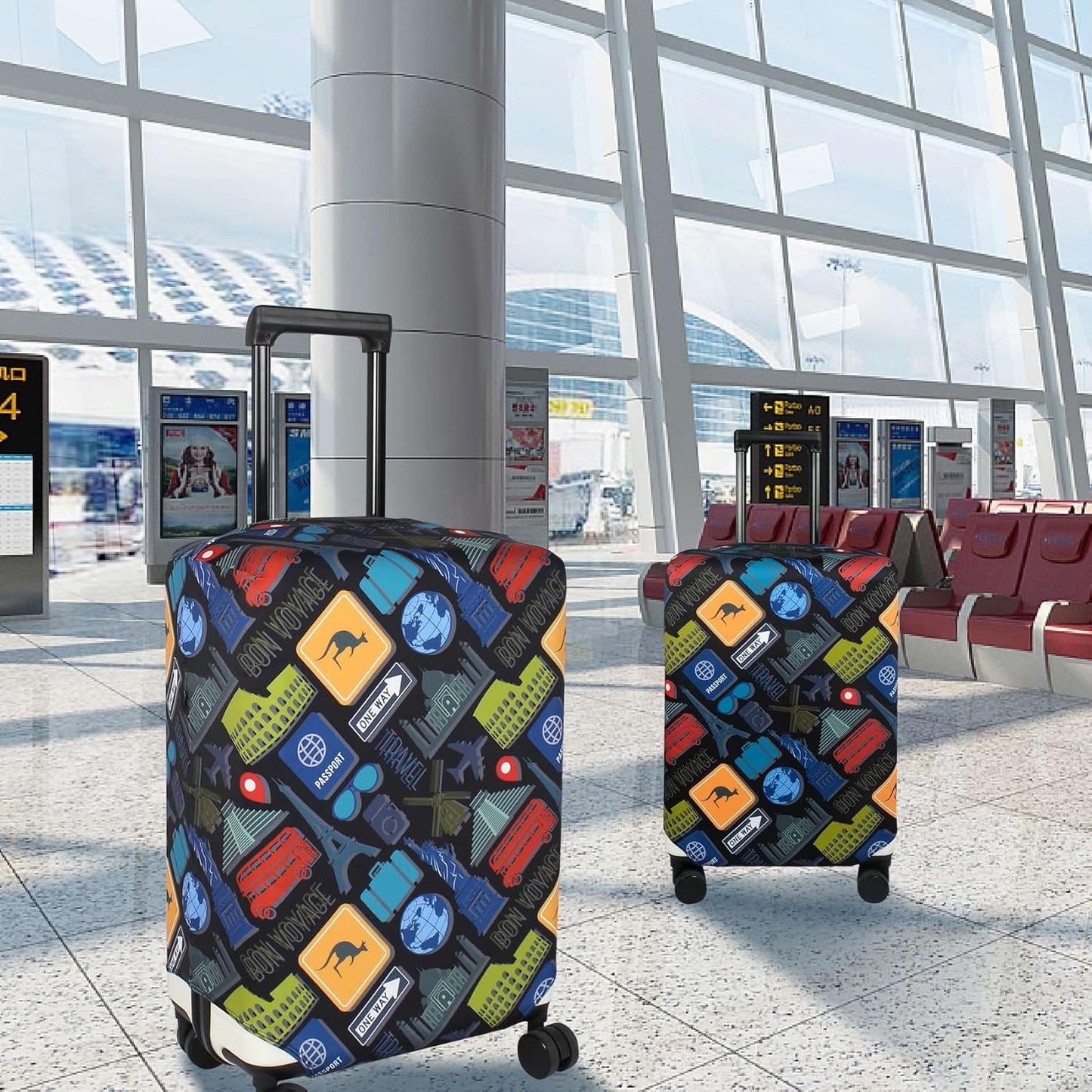 Explore Land Travel Luggage Cover Suitcase Protector Fits 27-30 Inch Case (Bon Voyage, L)