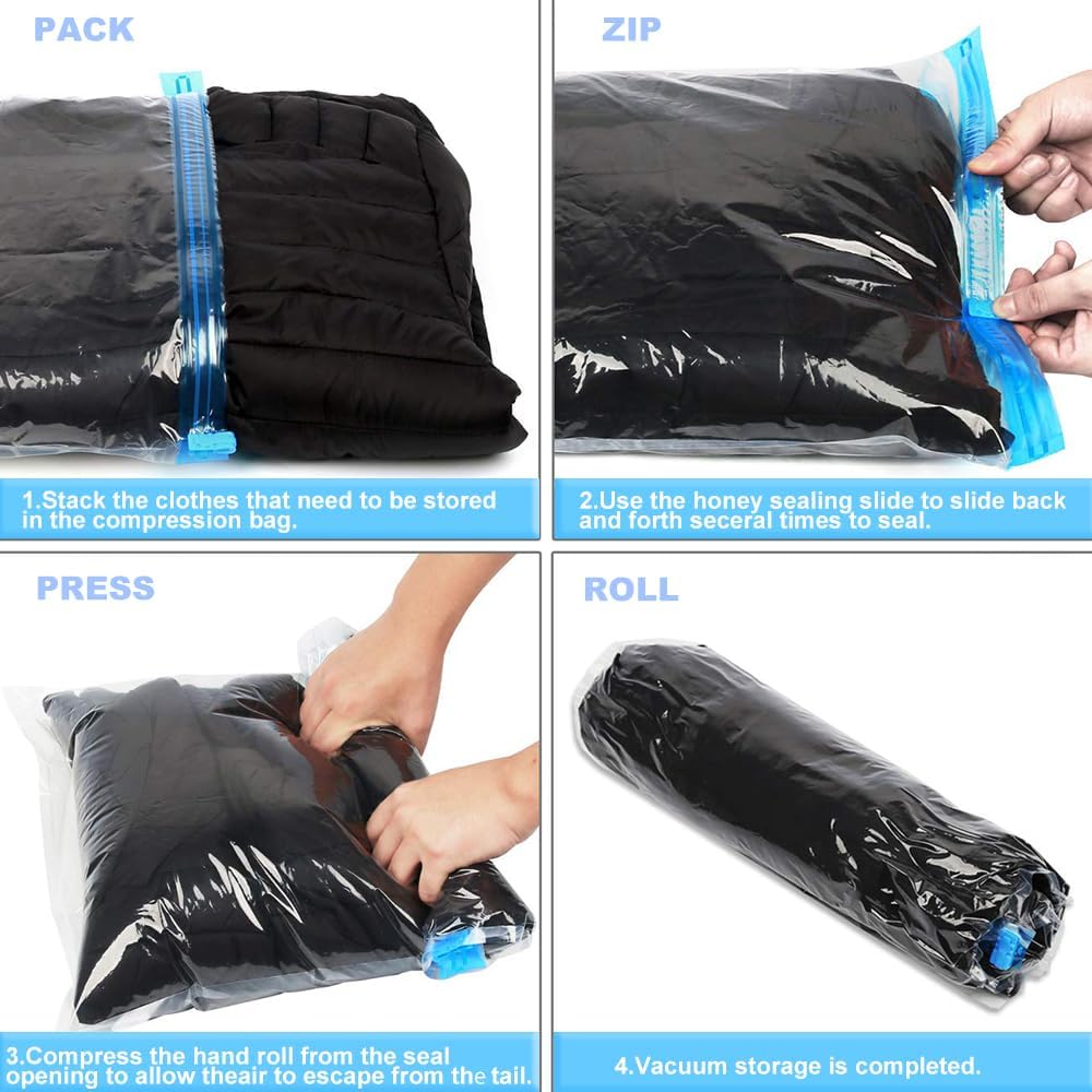 Compression Bags - Travel Essentials 12 Pack Space Saver No Vacuum or Pump Needed Storage Accessorie and Home Packing Organizers (transparent)