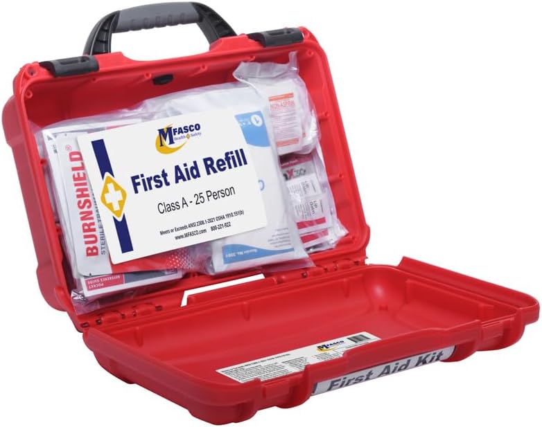 MFASCO Deluxe Class A First Aid Kit 909 Red | DOT, ANSI & OSHA Approved, Packed in a Rugged, Waterproof, Indestructible Case, Compartmental Bag, Durable, Red Plastic Kit, OSHA Type II & IV Container