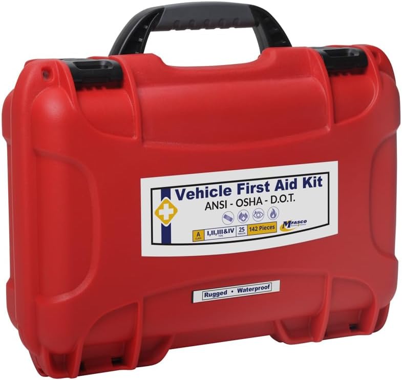 MFASCO Deluxe Class A First Aid Kit 909 Red | DOT, ANSI & OSHA Approved, Packed in a Rugged, Waterproof, Indestructible Case, Compartmental Bag, Durable, Red Plastic Kit, OSHA Type II & IV Container