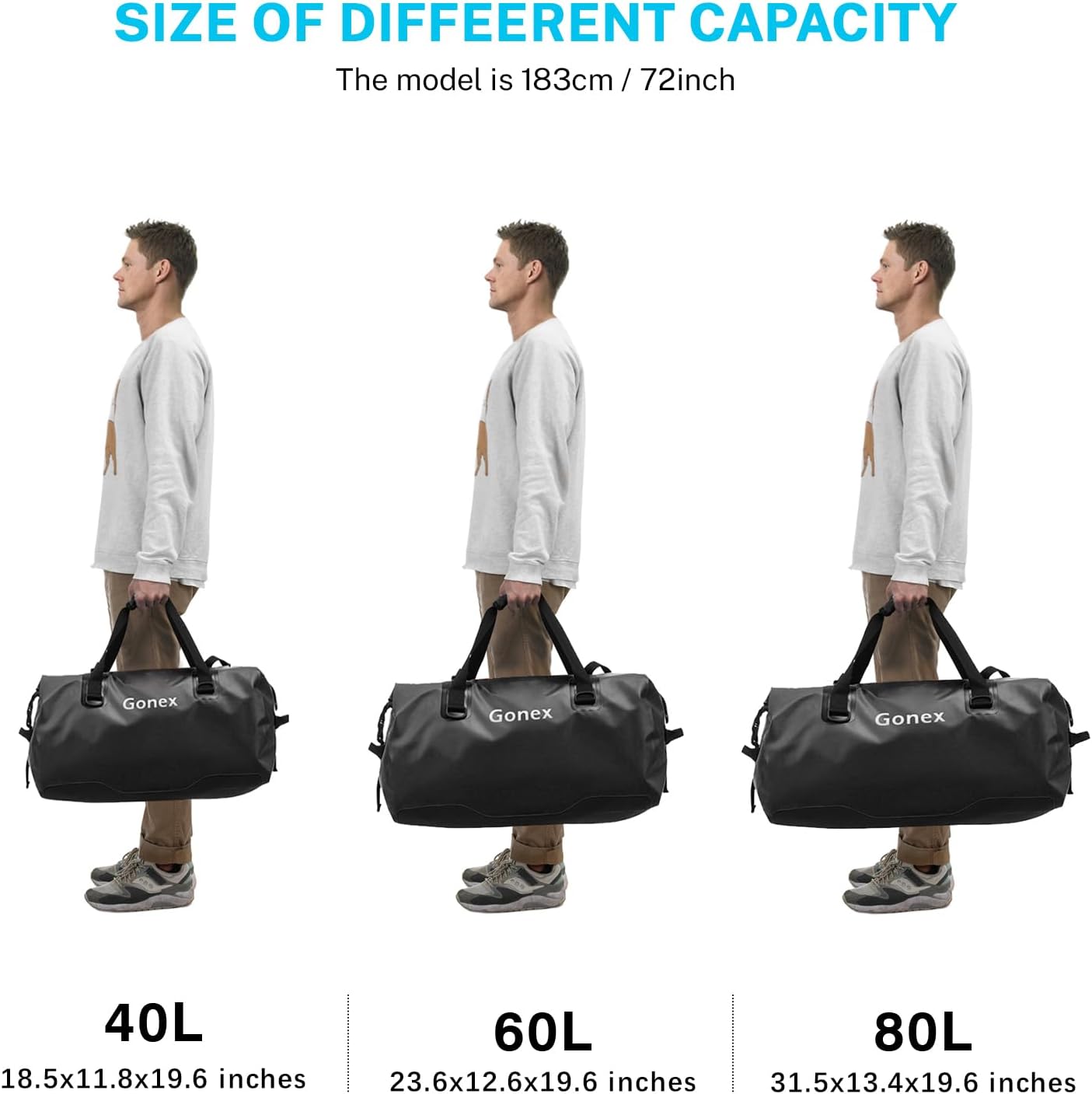Gonex 40L 60L 80L Extra Large Waterproof Duffle Travel Dry Duffel Bag Heavy Duty Bag with Durable Straps & Handles for Kayaking Paddleboarding Boating Rafting Fishing