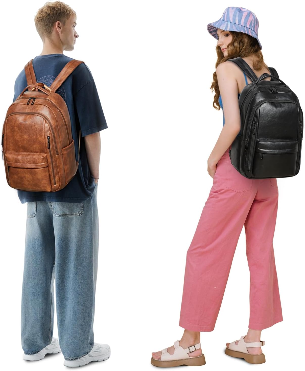 30L Business Laptop Backpack for Women Men, Travel Work Backpack Purse Faux Leather College Bookbag fits 15.6" Laptop - Brown