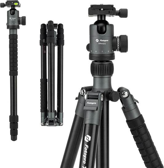 Fotopro 68" Camera Tripod for DSLR, Heavy Duty Compact Travel Tripod with Ball Head, Detachable Monopod with Quick Release Plate and Bag, Load up to 12KG/26.5lbs(Grey)