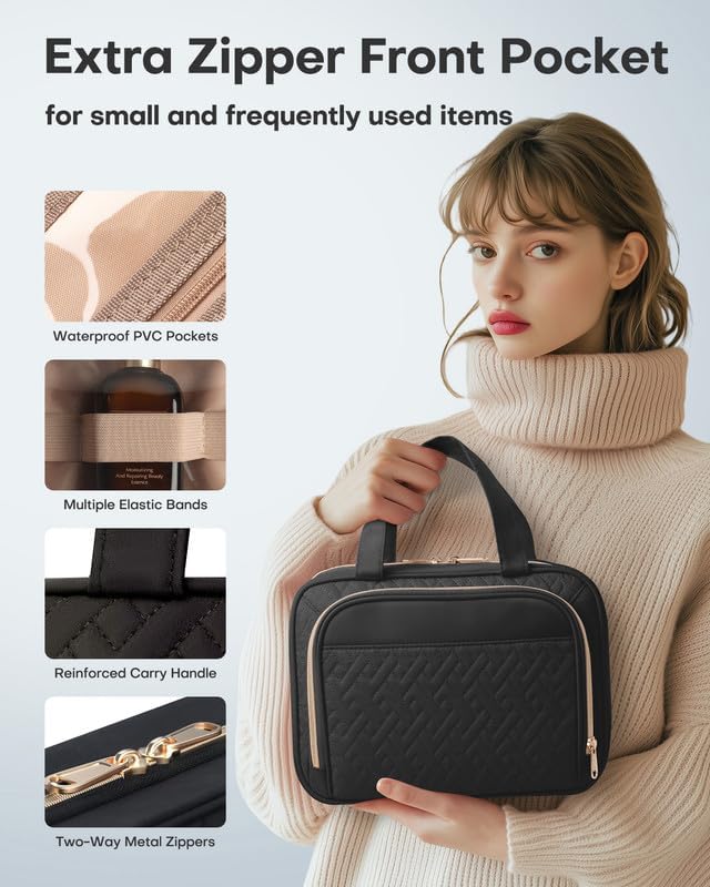 HOTOR Travel Toiletry Bag for Women & Men, Waterproof Makeup Bag with Hanging Hook and Multiple Pockets, Cosmetic Bags for Women, Travel Essentials, 12.6'' x 4.3'' x 9.9'', Black