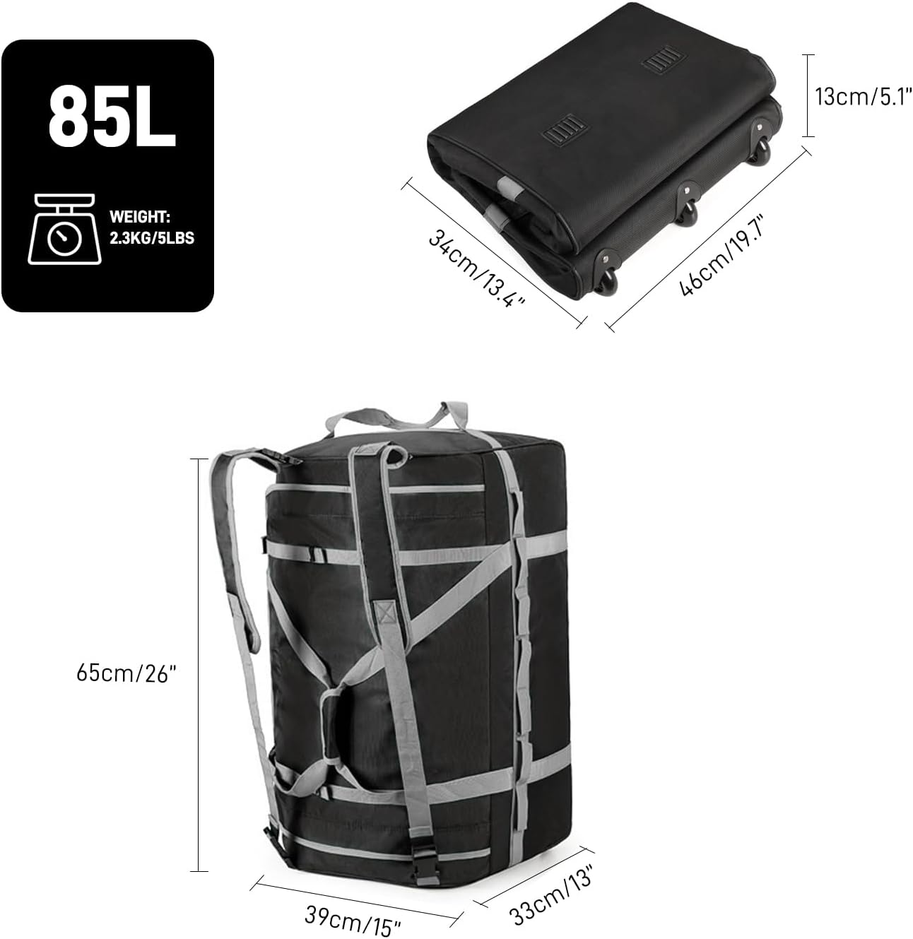 Foldable Rolling Duffle Bag with Wheels, 85L Extra Large Wheeled Travel Duffel, Waterproof Collapsible Weekender Luggage with Rollers for Storage Camping Sports Outdoor, Gray