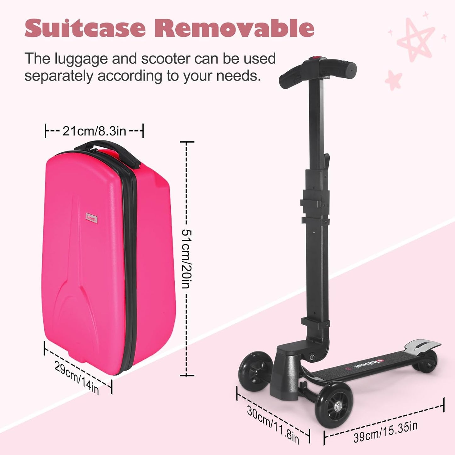iubest Scooter Luggage Carry On Scooter Suitcase for Kids Age 4-15, Detachable & Foldable 4 in 1 Kids Suitcase, Multifunctional Ride On Travel Trolley Scooter Combo-Rose Pink