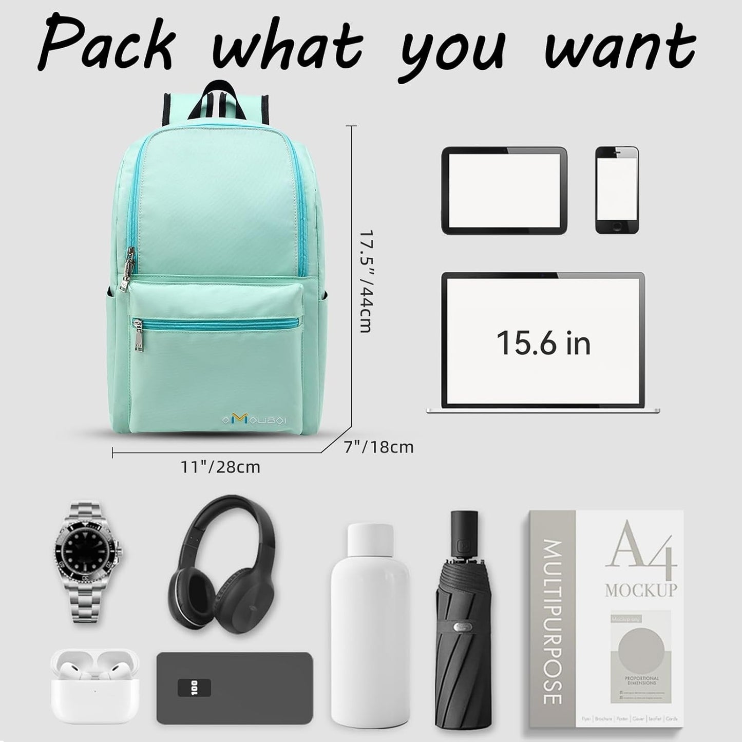 OMOUBOI Casual Daypacks Superbreak Backpack 14 inch Laptop Backpack for Women & Men Fits Tourism Business (Cyan)