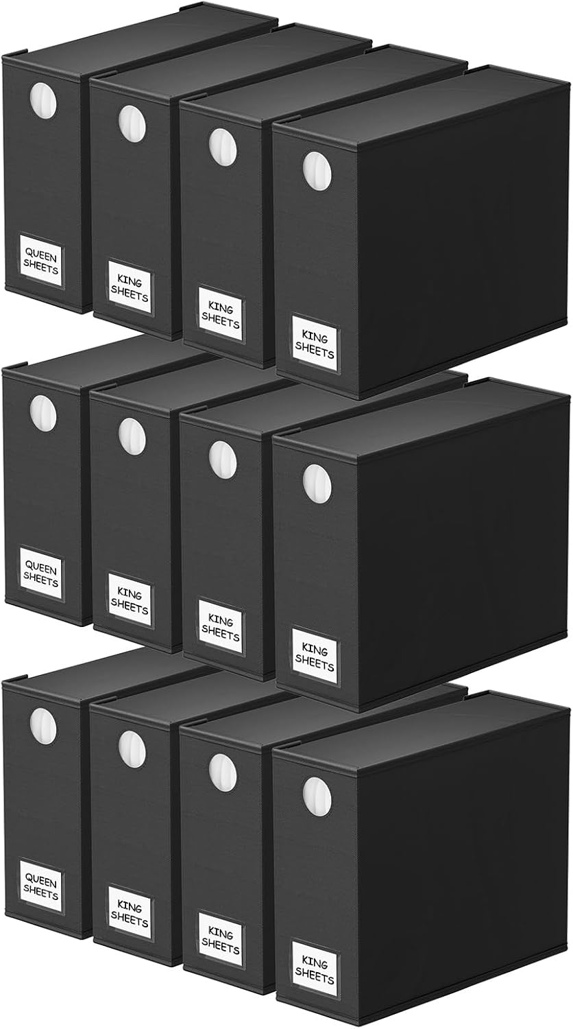 SpaceAid 12 Pack Bed Sheet Organizers and Storage, Foldable Sheet Organizer for Linen Closet, Set Folder Keeper with Window XL (Queen & King Size) Bedding Container (Black)