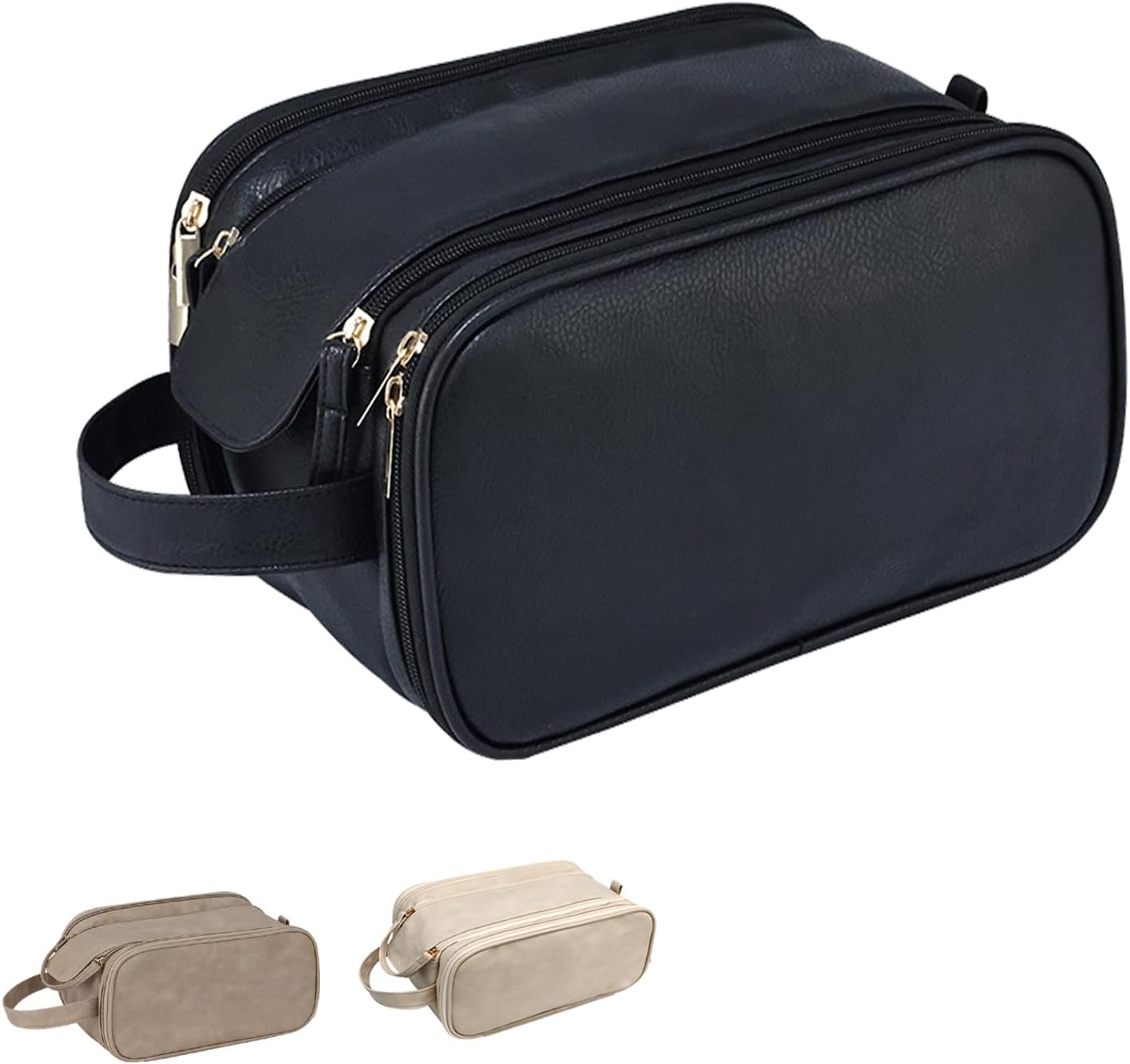 Travel Toiletry bag for men PU Triple-layer Double Zipper Toiletry Bags,Waterproof with Handle Mens Toiletry Bag Stowable Brushes, Toiletries Makeup for Business Trips Camping Bathroom Black