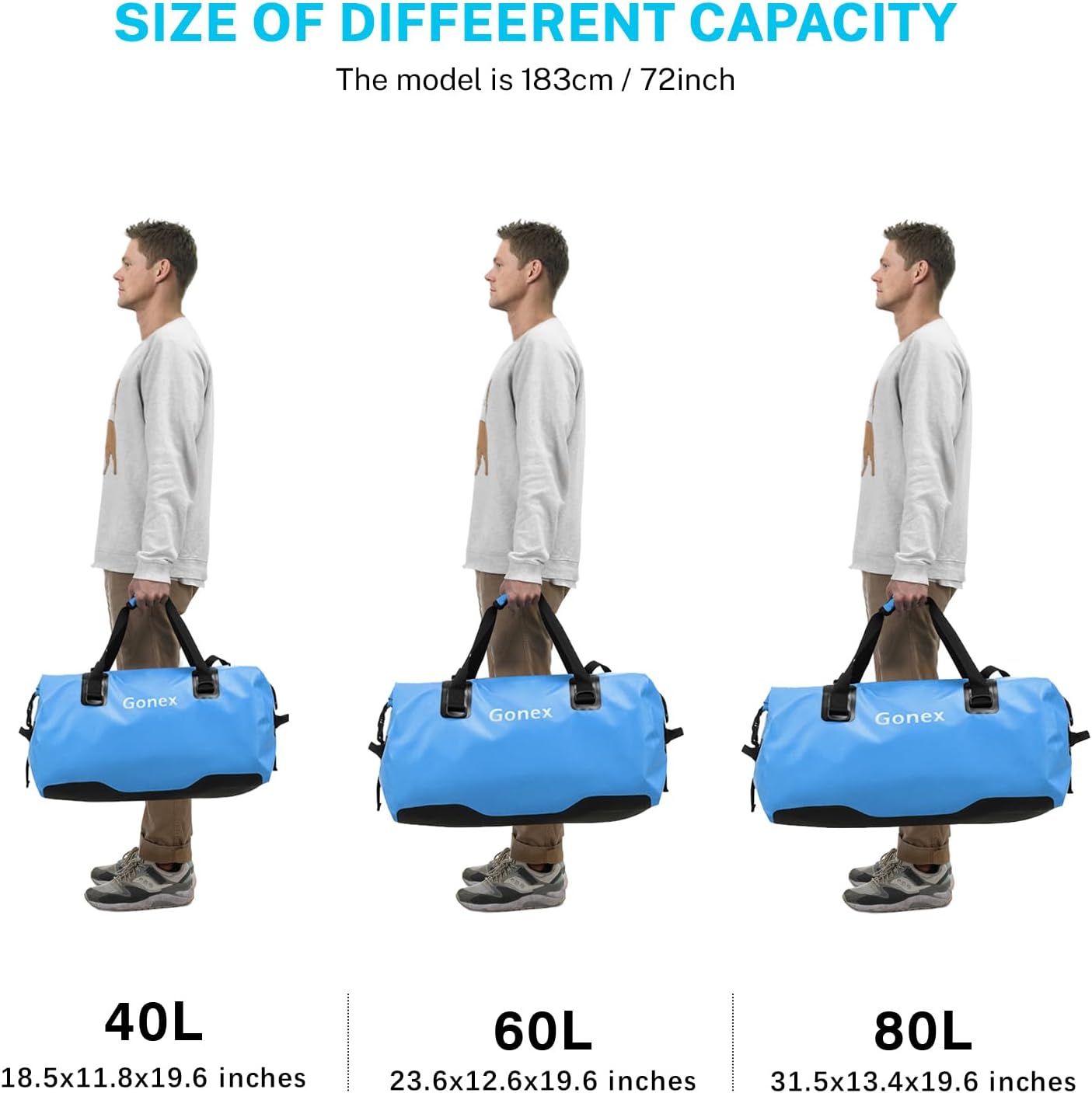 Gonex 40L 60L 80L Extra Large Waterproof Duffle Travel Dry Duffel Bag Heavy Duty Bag with Durable Straps & Handles for Kayaking Paddleboarding Boating Rafting Fishing