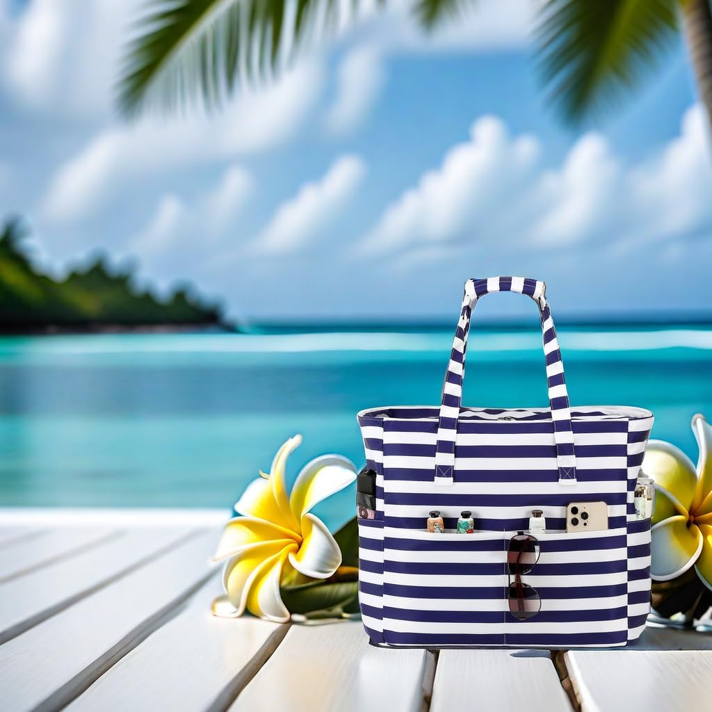 LEDAOU Beach Bag Waterproof Sandproof Women Tote Bag Pool Bag with Zipper for Gym Grocery Travel with Wet Pocket