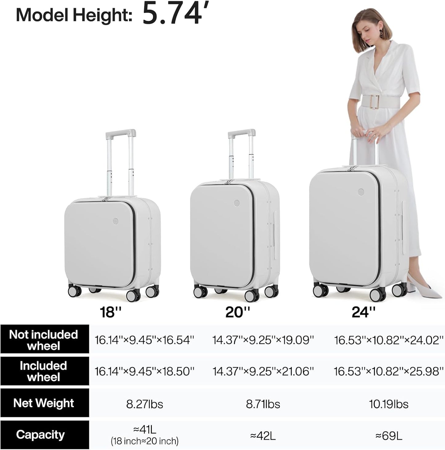 mixi Luggage Suitcase with Spinner Wheels, 24'' Checked Travel Luggage Aluminum Frame PC Hardside with TSA Lock & Cover - Smoke White