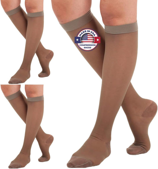 (3 Pairs - Closed Toe) Made in USA - Compression Socks for Women 15-20mmHg - Sheer Compression Knee High Stockings for Post Surgery, Pregnancy, Arthritis, Edema - Taupe, Large - A101T3-3