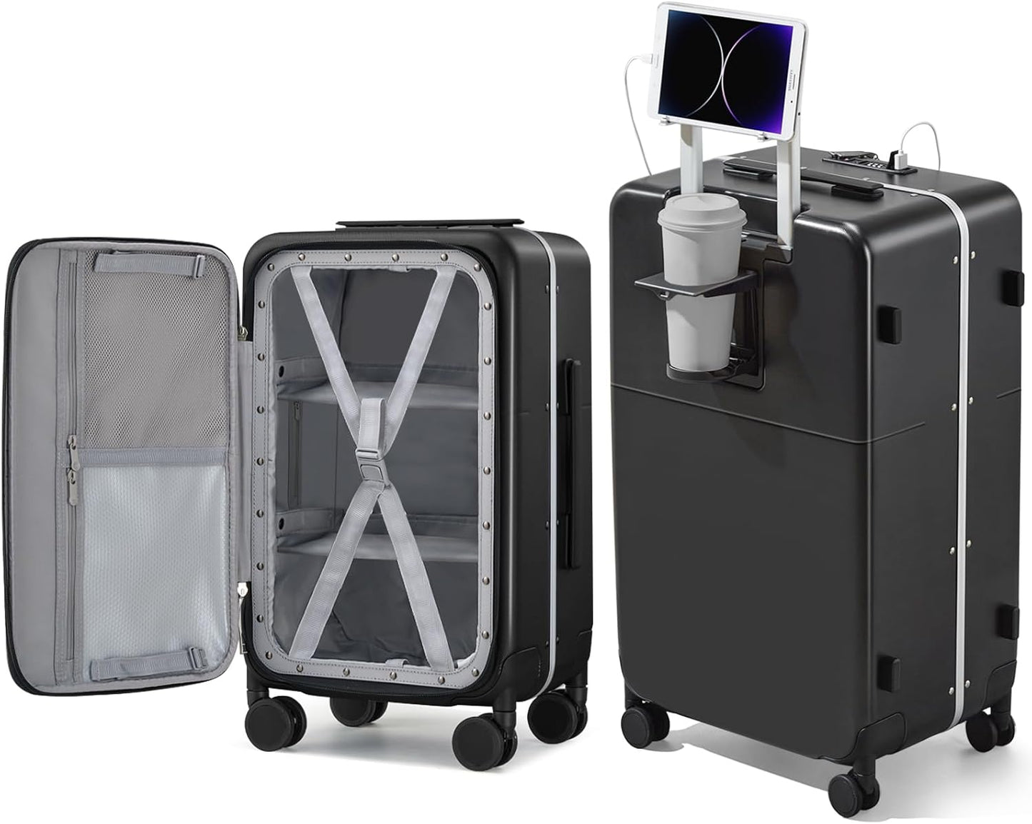 Hanke 28 Inch Luggage with Cup Holder and Charge,Top Opening Hard Shell Suitcases with Wheels and Dividers,Aluminum Frame Trunk Luggage Extra Large Suitcase with Lock for Travel，Jet Black