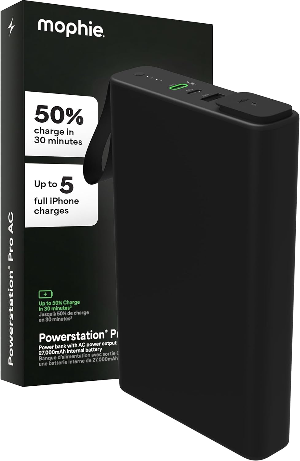 mophie powerstation pro AC (2023)-27,000 mAh External Battery compatbile With MacBook&iPad Portable PD battery with 100W of AC&60W USB-C Fast Charge integrated carry strap-USB-C cable included, Black