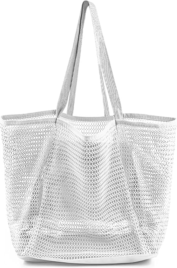 Beach Bags for Women, Foldable Mesh Tote Bag with Mini Pocke, Womens Shoulder Handbag for Travel Beach, White, Large, White