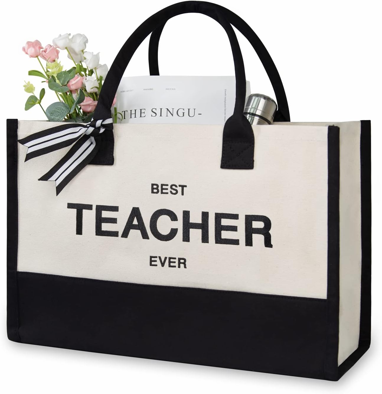 TOPDesign Embroidery Canvas Tote Bag for Women, Teacher Appreciation Gifts for Daycare, Preschool, Math, English, Music, Dance Teacher, Personalized Present Bag, Ideal for Beach, Holiday