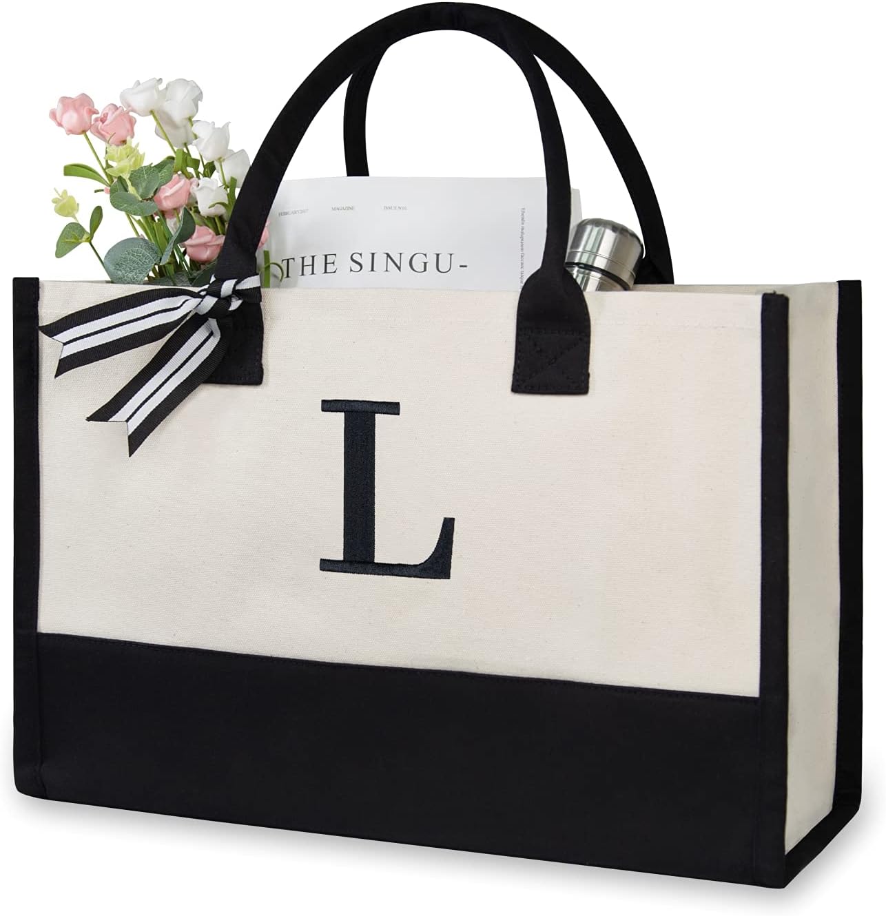 TOPDesign Embroidery Initial Canvas Tote Bag, Personalized Present Bag, Suitable for Wedding, Birthday, Beach, Holiday, is a Great Gift for Women, Mom, Teachers, Friends, Bridesmaids (Letter L)