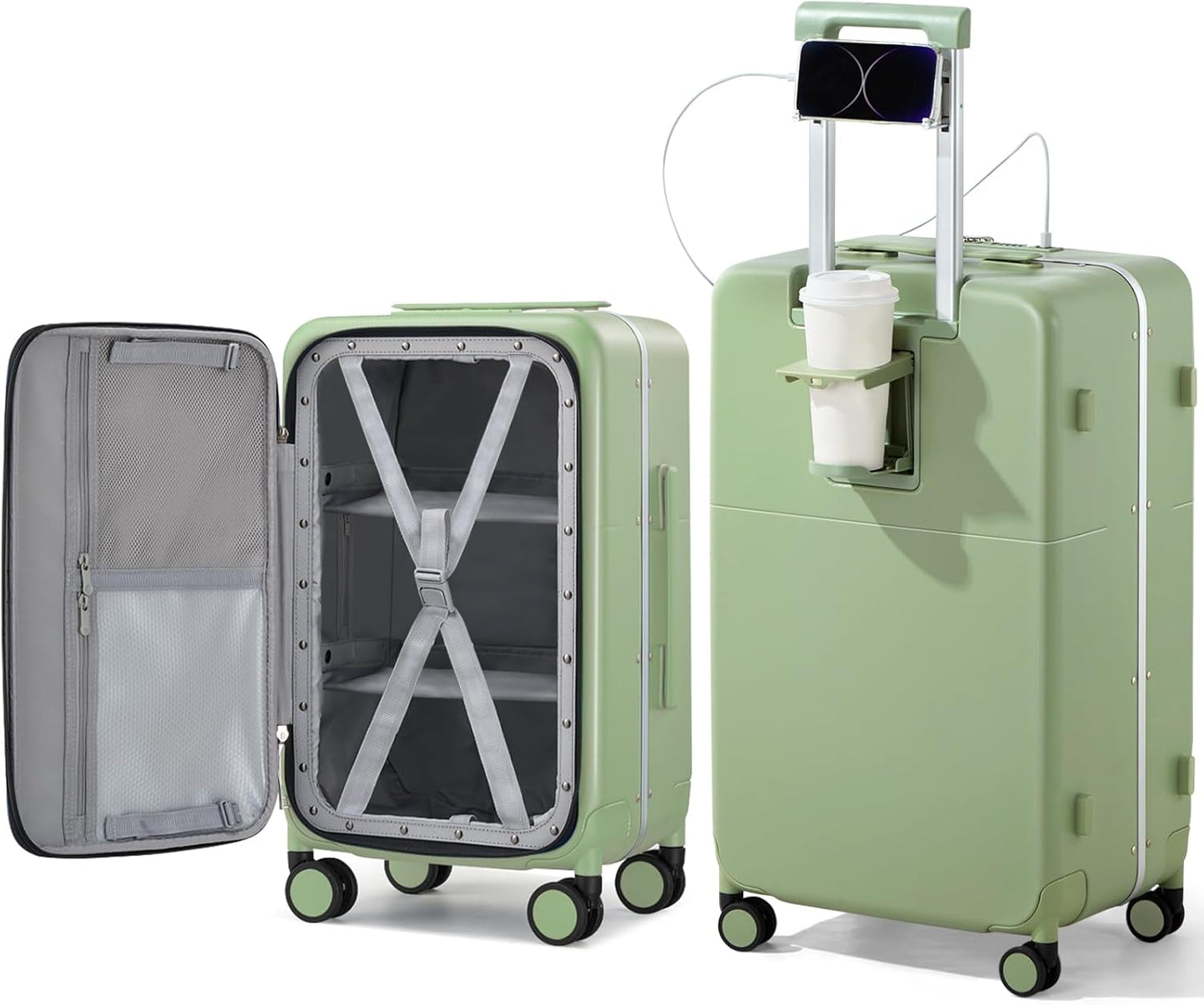 Hanke 28 Inch Luggage with Cup Holder and Charge,Top Opening Hard Shell Suitcases with Wheels and Dividers,Aluminum Frame Trunk Luggage Extra Large Suitcase with Lock for Travel，Bamboo Green