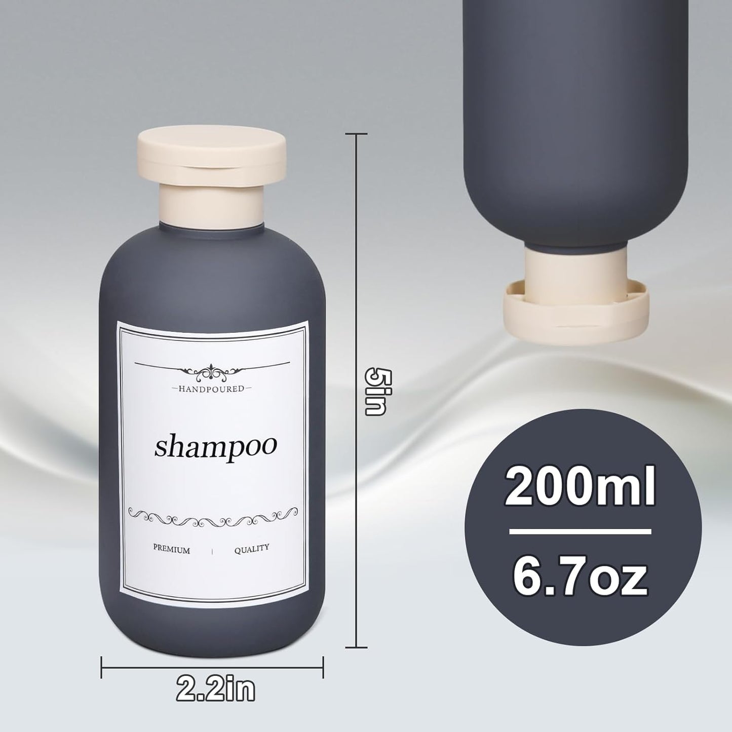 ASEVAT 6.7oz Refillable Plastic Travel Shampoo Bottles, Empty Travel Shampoo and Conditioner Bottles Reusable, Travel Size Shampoo Bottle, Hand Soap Dispenser for Vacation,Gym, Home(Grey)