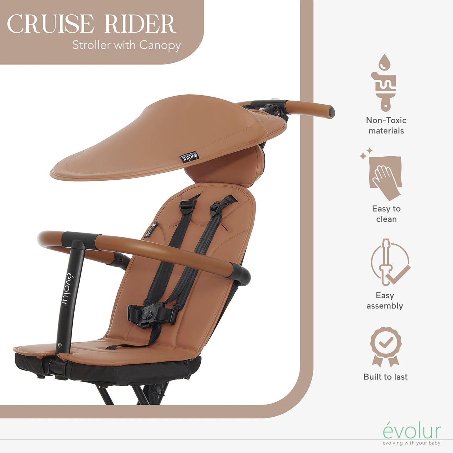 Evolur Cruise Rider Stroller with Canopy, Lightweight Umbrella Stroller with Compact Fold, Easy to Carry Travel Stroller - Cognac