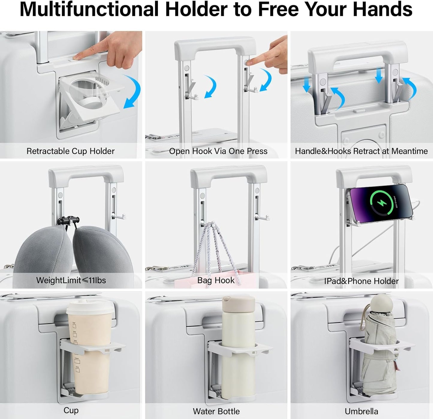 Hanke 28 Inch Luggage with Cup Holder and Charge,Top Opening Hard Shell Suitcases with Wheels and Dividers,Aluminum Frame Trunk Luggage Extra Large Suitcase with Lock for Travel,Smoke White