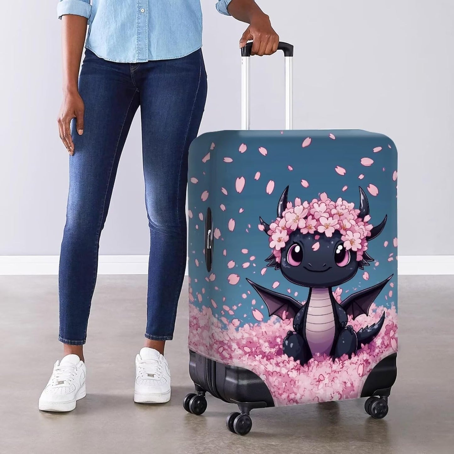 Dragon Suitcase Cover for Luggage Elastic Spandex Luggage Covers Protector Scratch Resistant Travel Baggage Case with Invisible Zip Fits 18-32 Inch Cherry Blossom Suitcase Decorate