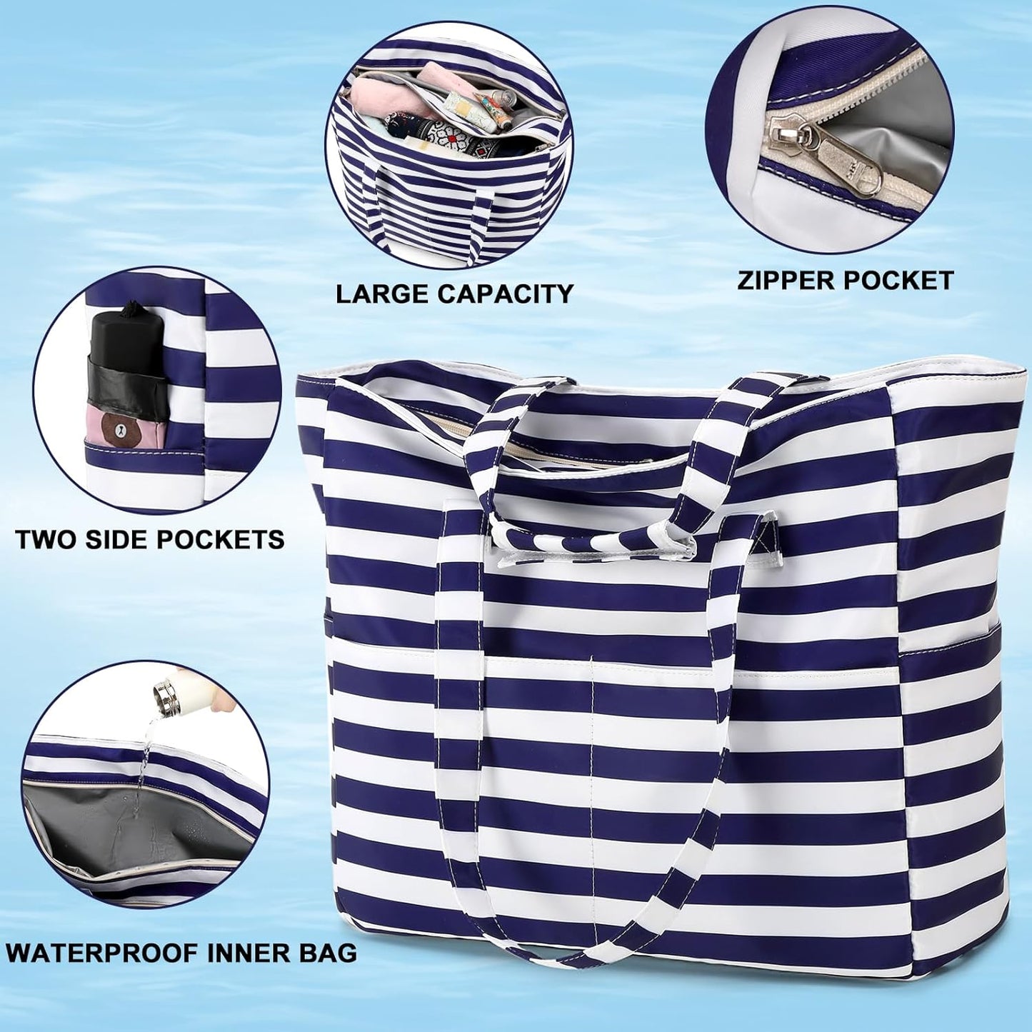 LEDAOU Beach Bag Waterproof Sandproof Women Tote Bag Pool Bag with Zipper for Gym Grocery Travel with Wet Pocket