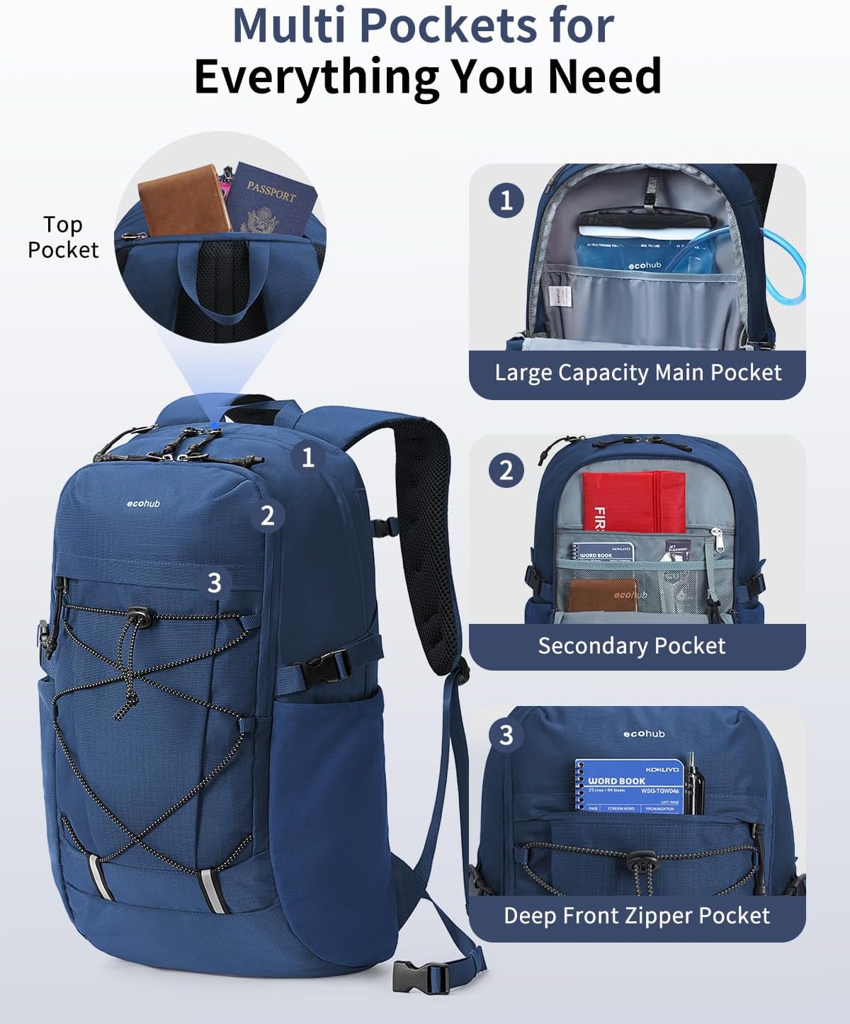 ECOHUB Hiking Backpack 30L Travel Backpack Lightweight Casual Daypack Water Resistant Camping Bag Outdoor Sports Back pack for Men Women